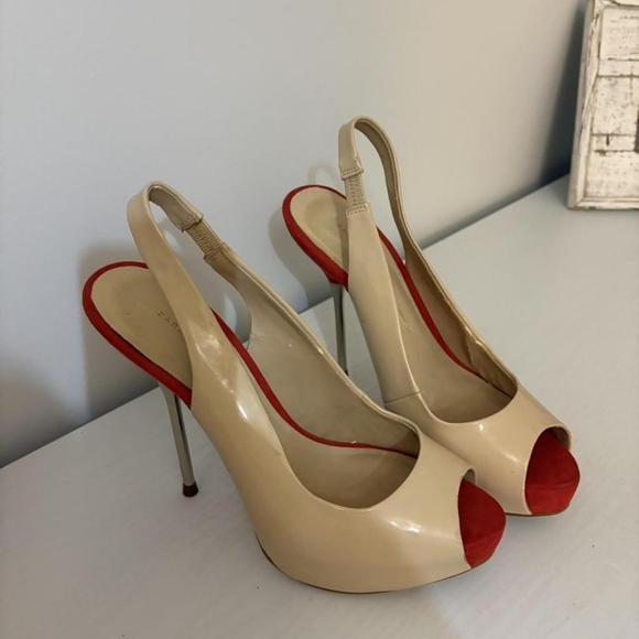 Zara Cream and Red Open-toe Slingback Platform Heels - Picture 2 of 6